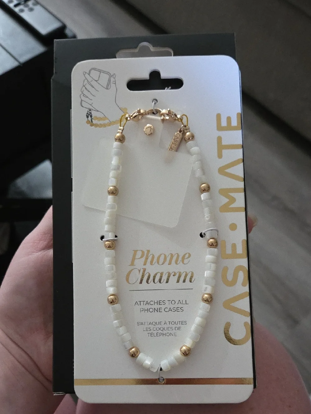 Case Mate White Beaded Phone Charm with Gold Accents Keychain Holder